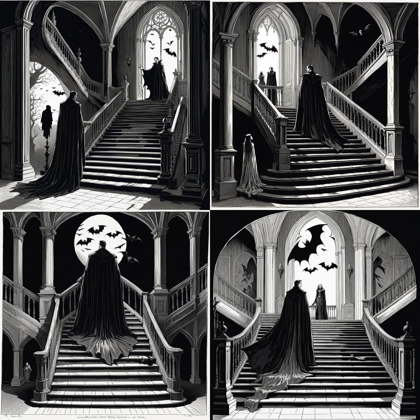 Dracula Beckons in Gothic Mansion: Line Art