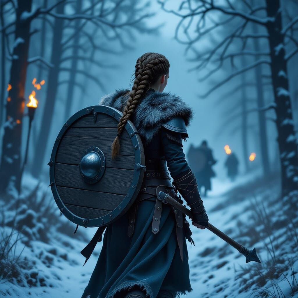 Viking Woman Carries Fallen Brother Through Misty Forest