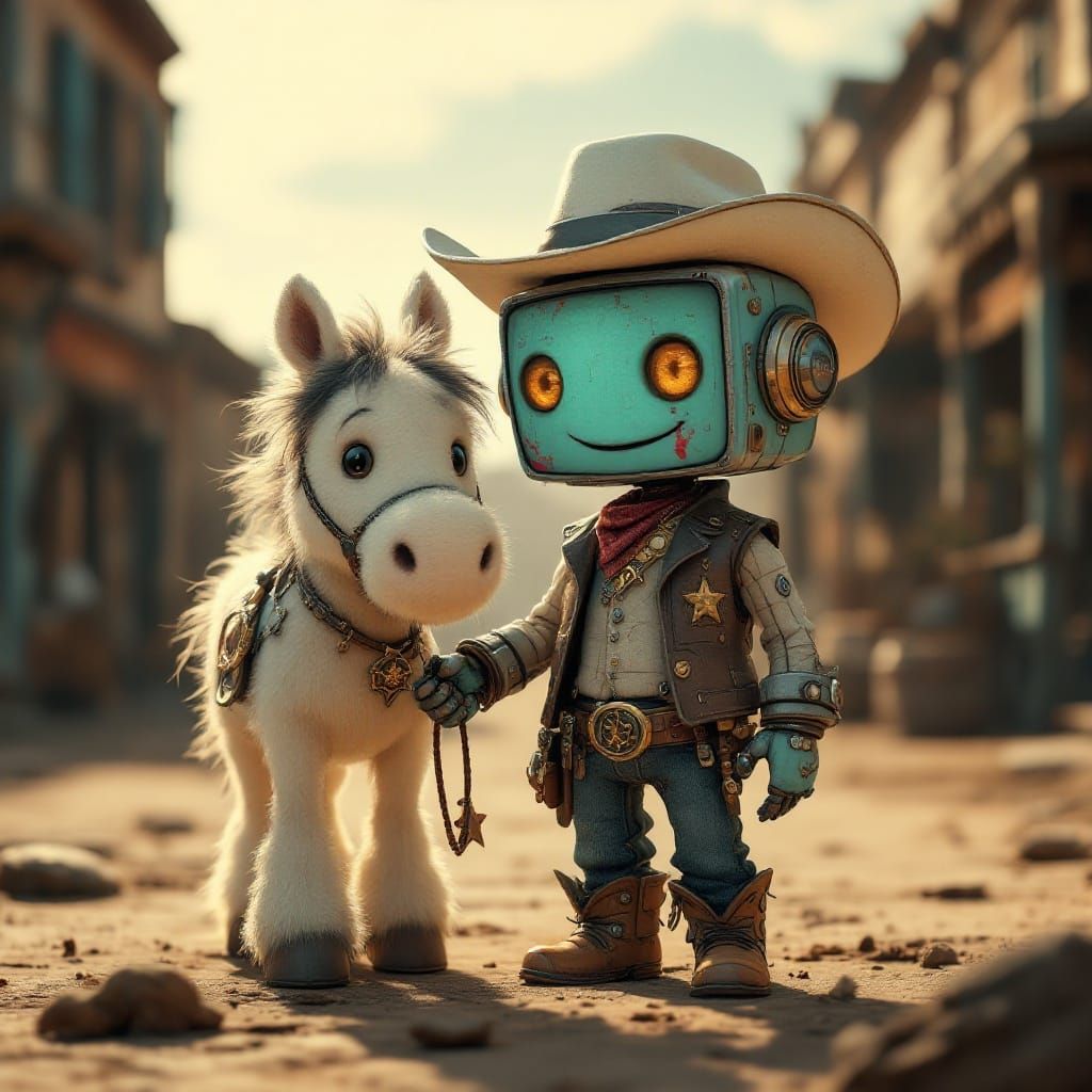Whimsical Steampunk Robot Cowboy in Rustic Western Town