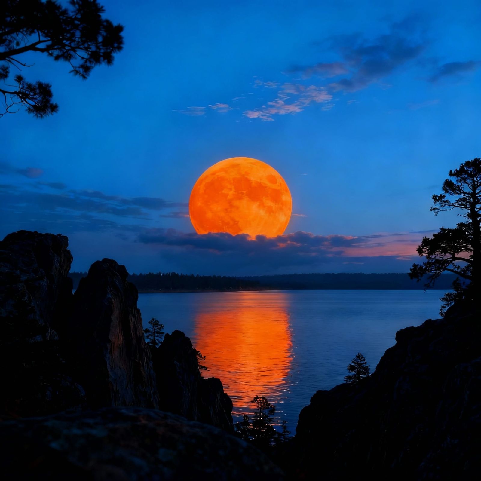 Dark Sky Orange Moon Over Mirrored Water Path
