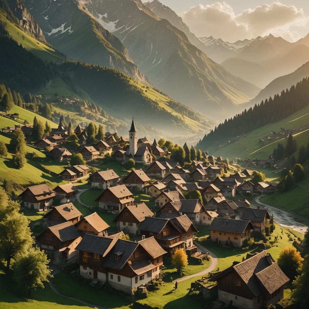 Picturesque Village in Valley Surrounded by Mountains