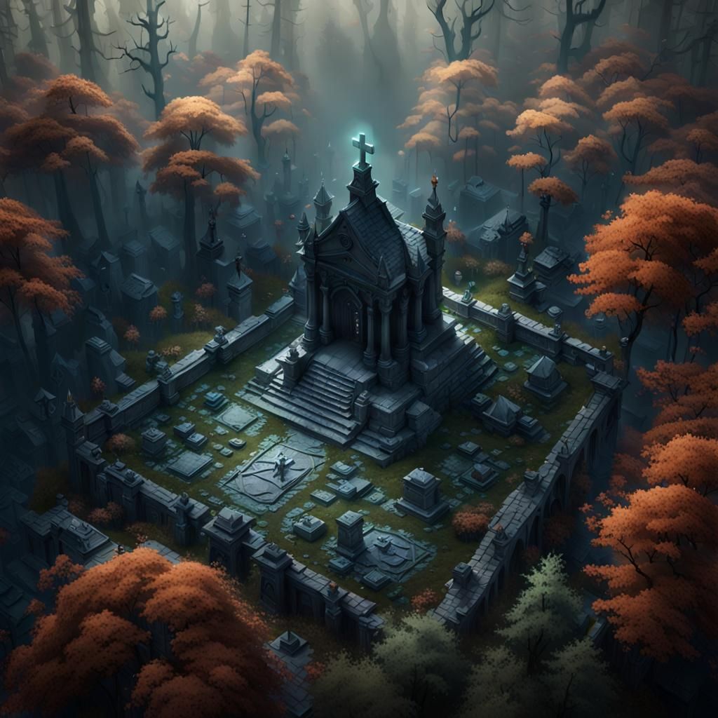 Fantasy Cemetery in Dark Forest, Detailed Concept Art