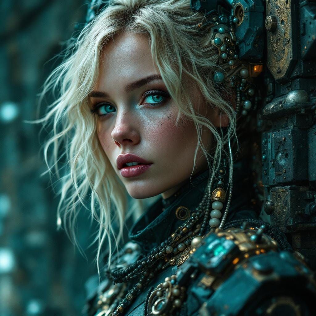 Blonde Woman in Cyberpunk Dystopian Cityscape