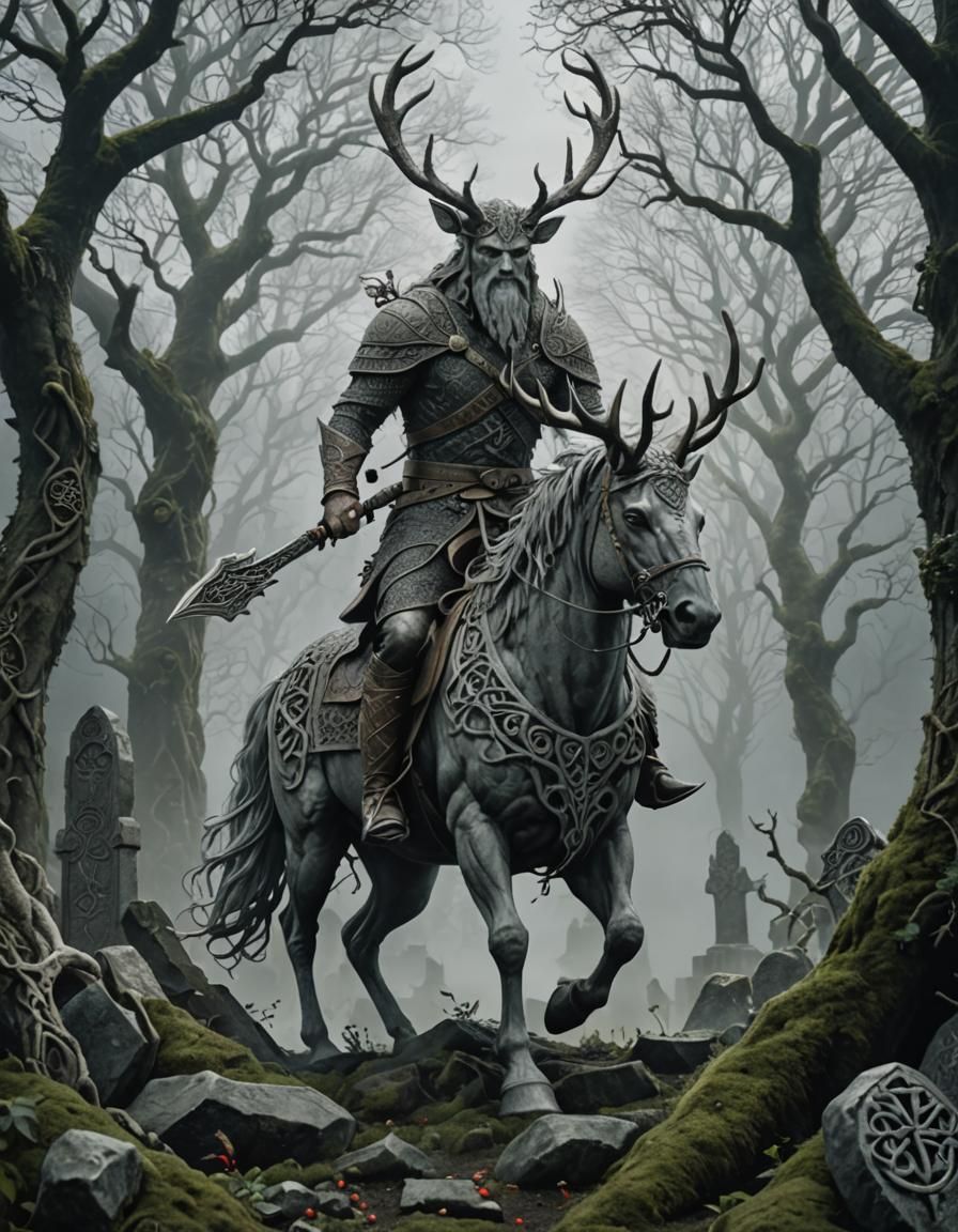 Arawn Rides Through Graveyard in Celtic Art