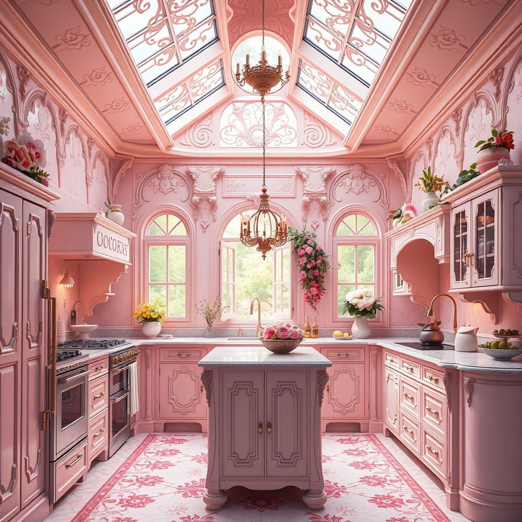 Pink Coquette Kitchen with Skylight in Art Nouveau Style
