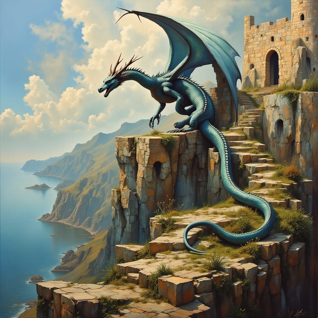 Dragon Soaring Over Coastal Fortress in Oil Paint