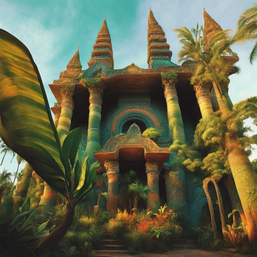 Tiger-Mandrill Creature Awakens in Surrealist Temple