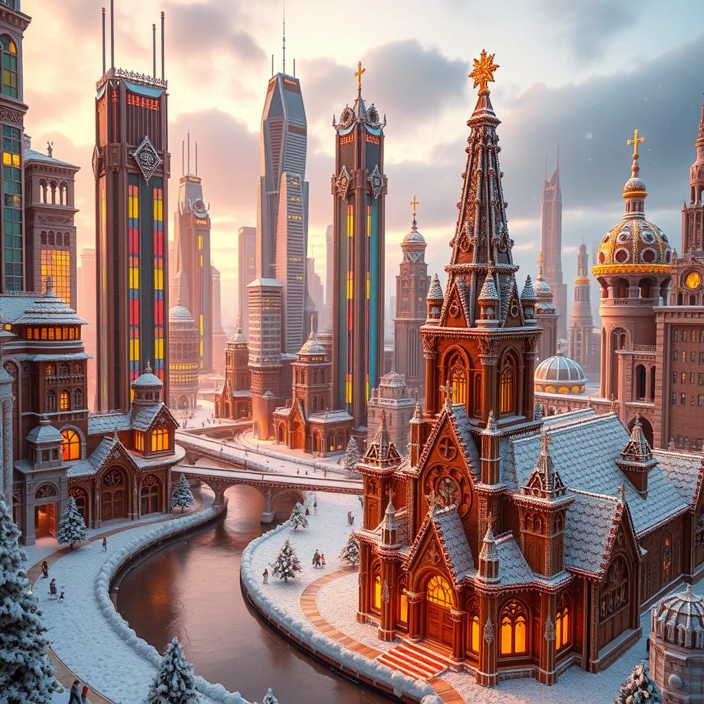 A futuristic gingerbread city at twilight, featuring colossal skyscrapers made entirely of gingerbread, candy towers, an...