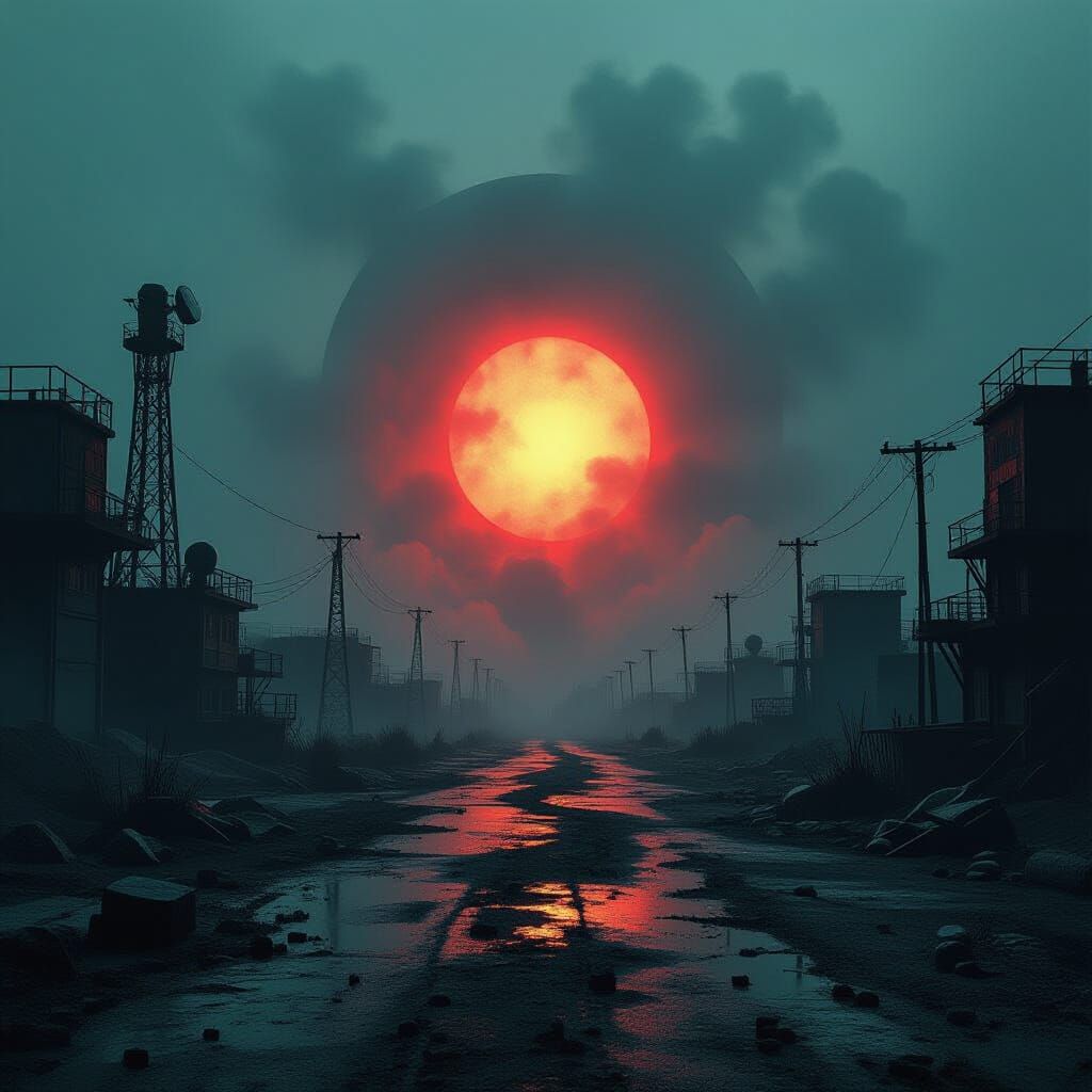 Surreal Industrial Landscape With Pulsating Light