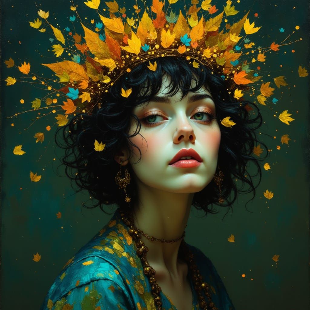 Mysterious Woman with Leaf Crown and Rainbow Magic