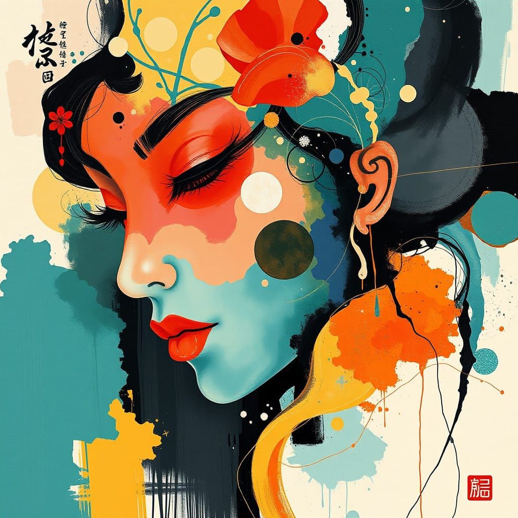 Abstract Chinese Scenes in Harmonious Complementary Colors
