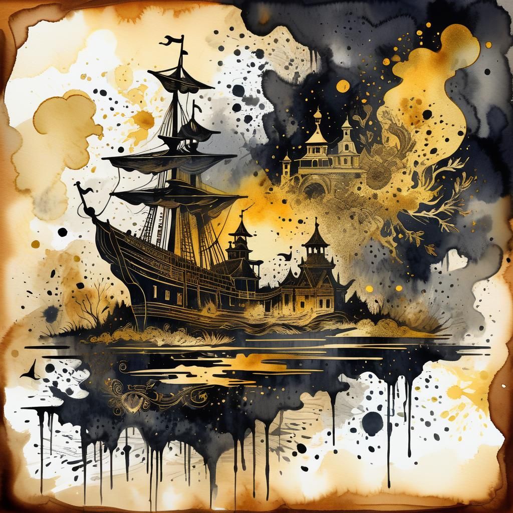 Watercolor Ship on Parchment in Dreamlike Style
