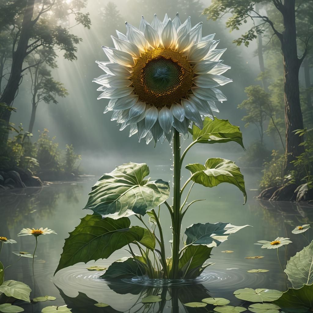 Crystal Sunflower Emerges from Misty Lake