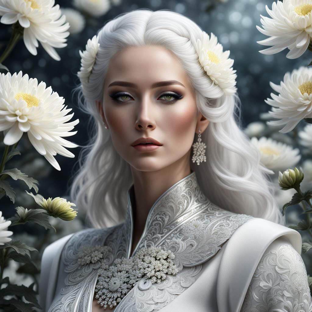 White-Haired Woman with Chrysanthemums in Hyperrealistic Sty...