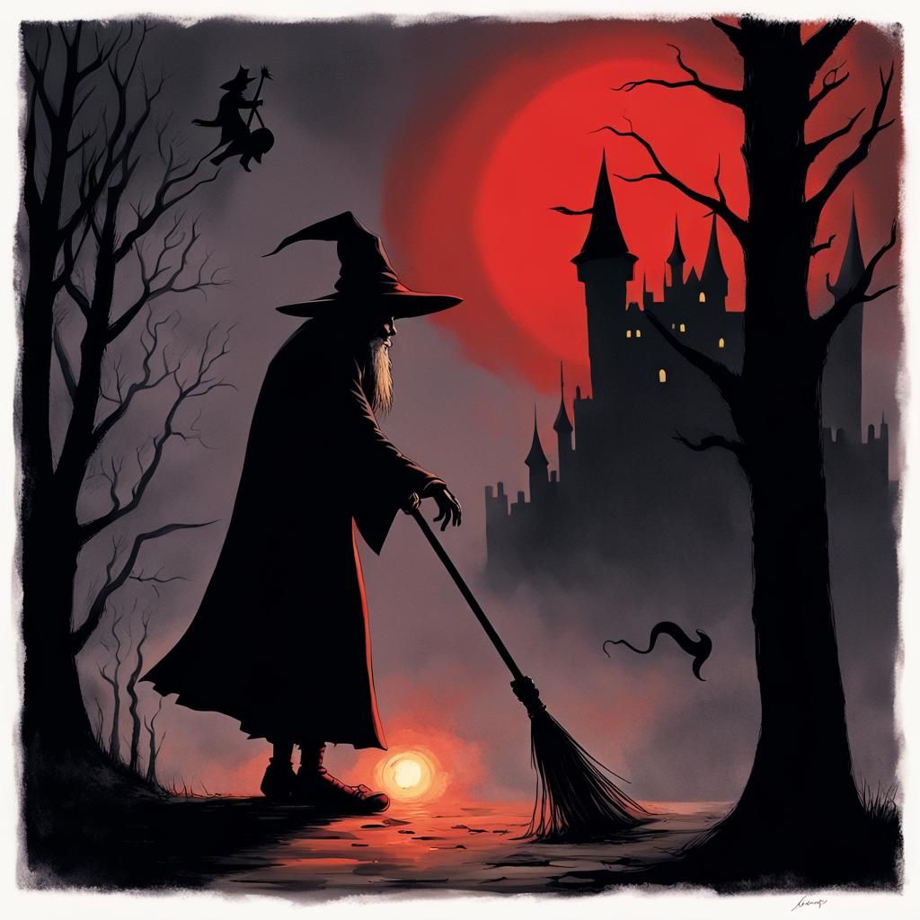 Sorcerers Fly at Night Near Dark Castle