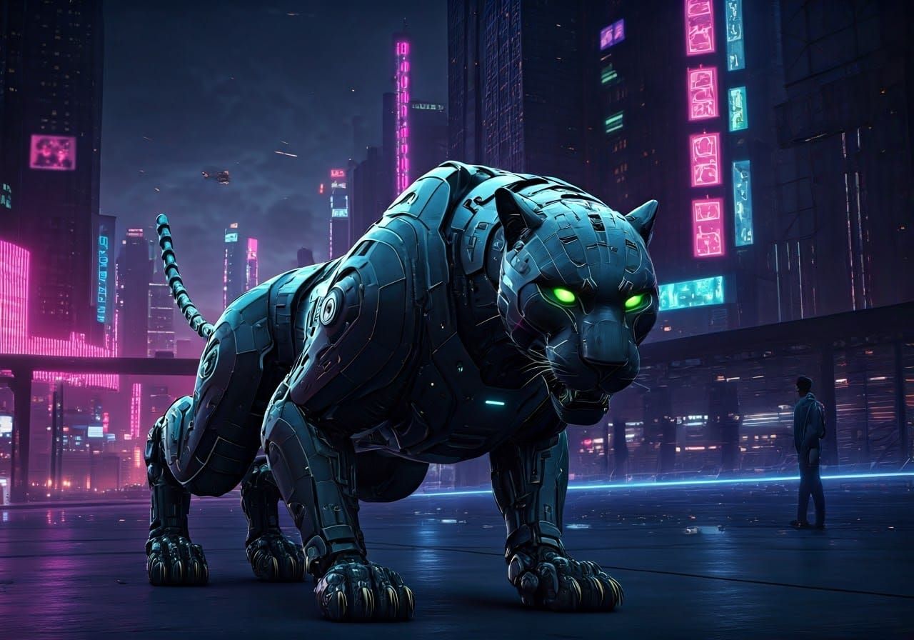 Cyberpunk Six-Legged Panther in Neon Cityscape