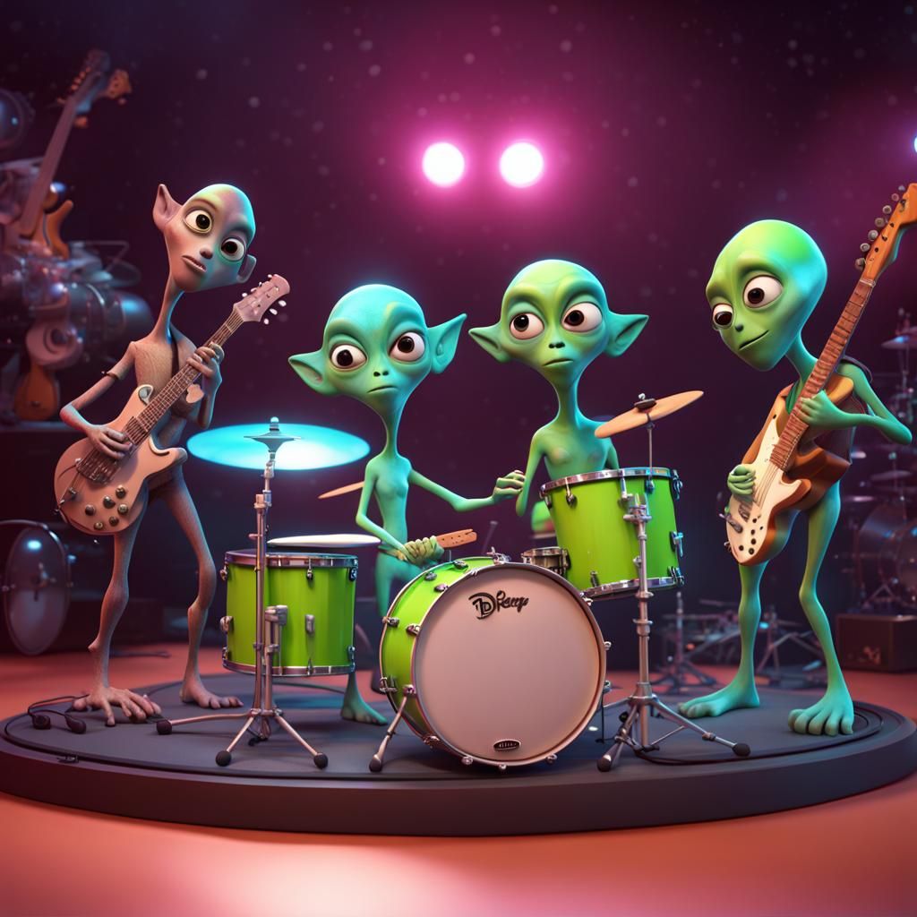 Alien Rock Band in Pixar-style 3D Rendering