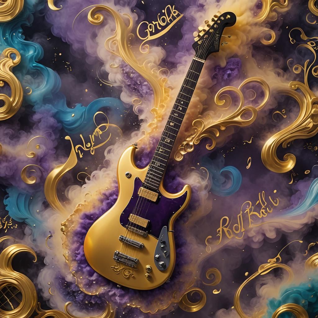 Golden Guitar with Iridescent Glow and Smoke