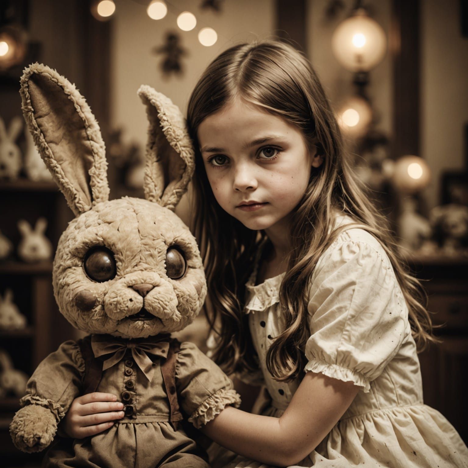 Girl and Her Giant Evil Zombie Bunny Plush - Vintage Photo