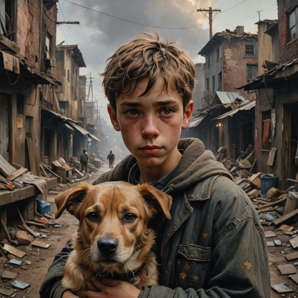 Boy and Dog in Slum: A Romantic Oil Painting