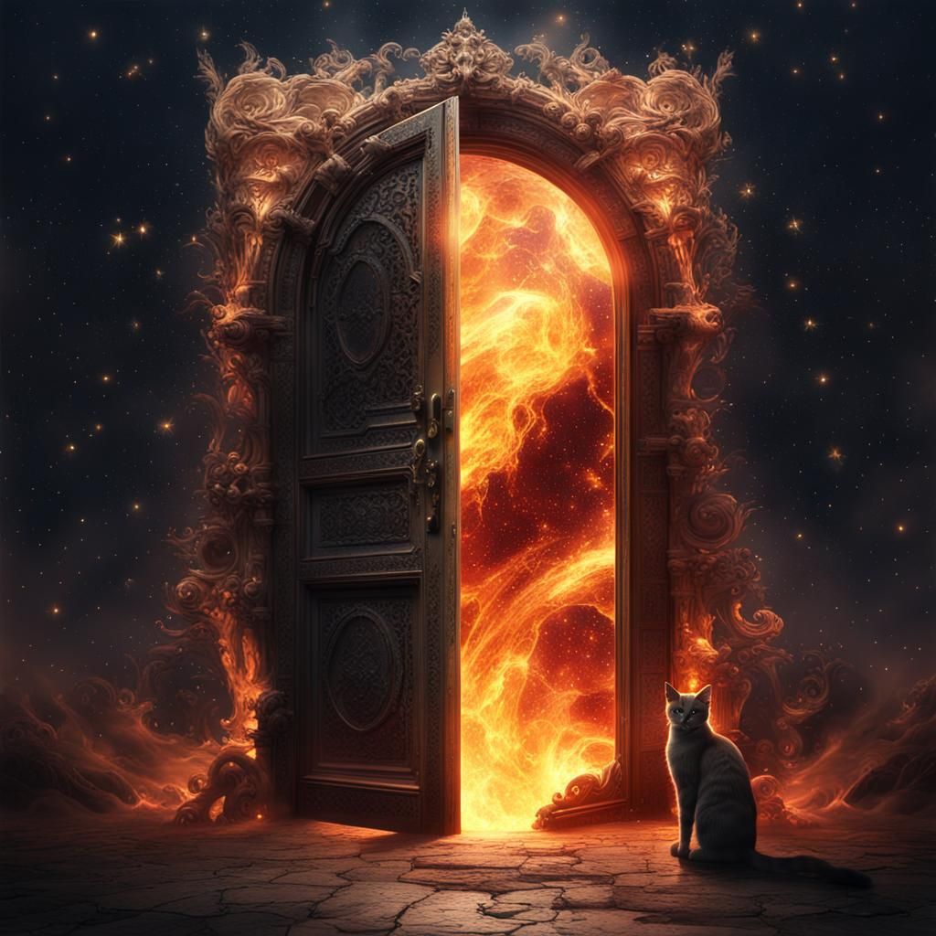 Fiery Entrance to Hell with Galaxy Cat