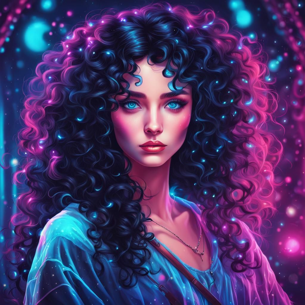 Beautiful Fairy Woman with Curly Hair in Synthwave Style