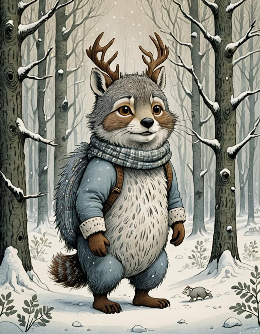 Whimsical Scandinavian Animal Illustration in Winter Forest