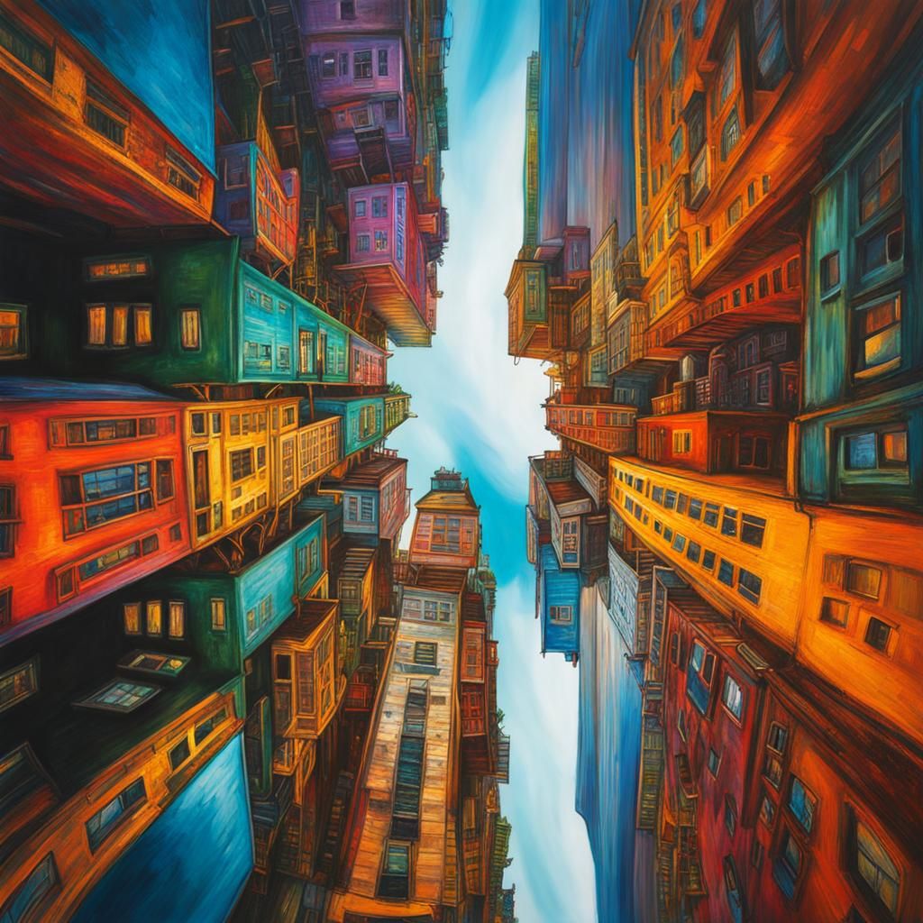 Upside Down Cityscape Fantasy Art in Acrylic Style