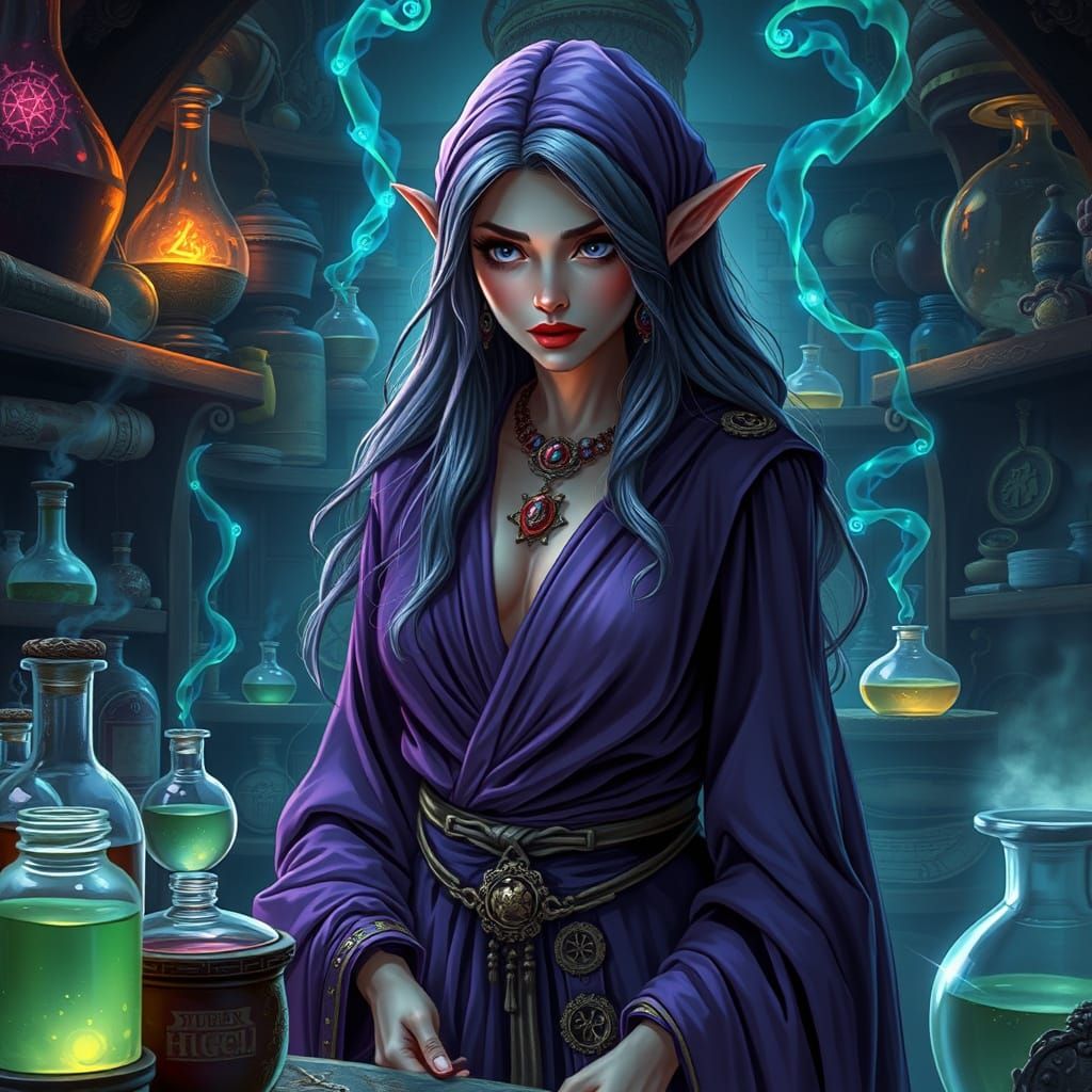 Elegant Elven Alchemist in Wizard's Workshop