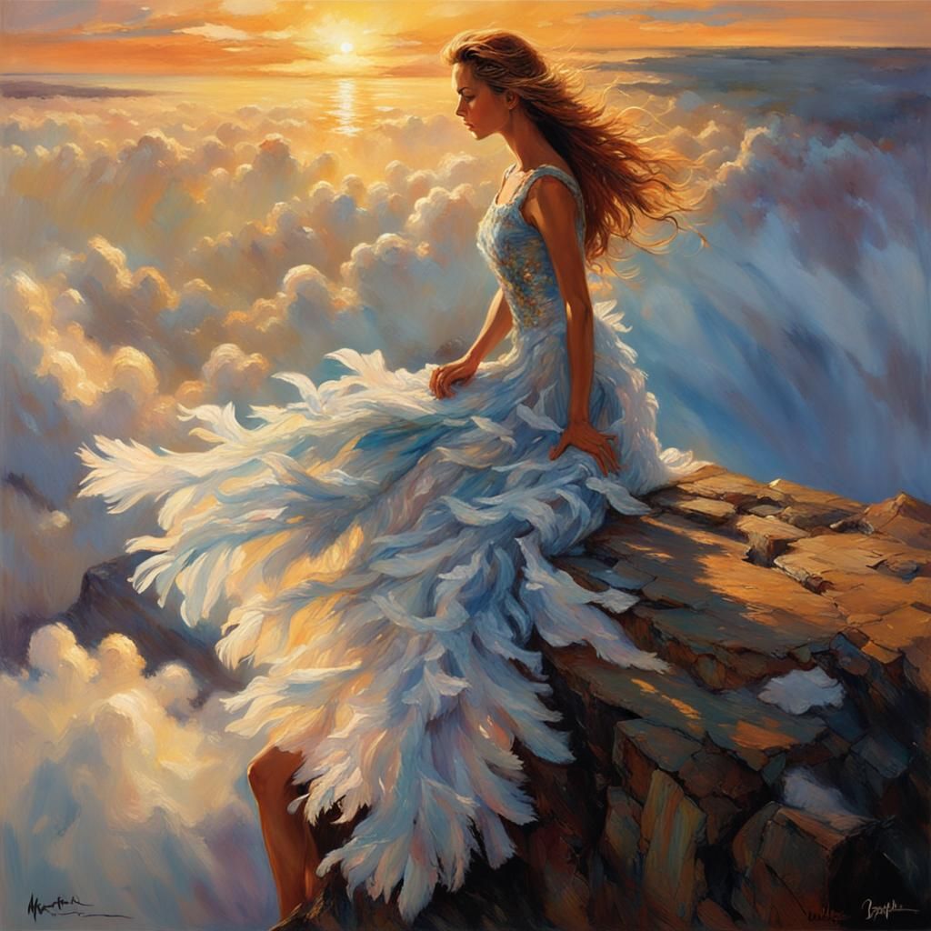 Woman in Cloud Dress at Sunset