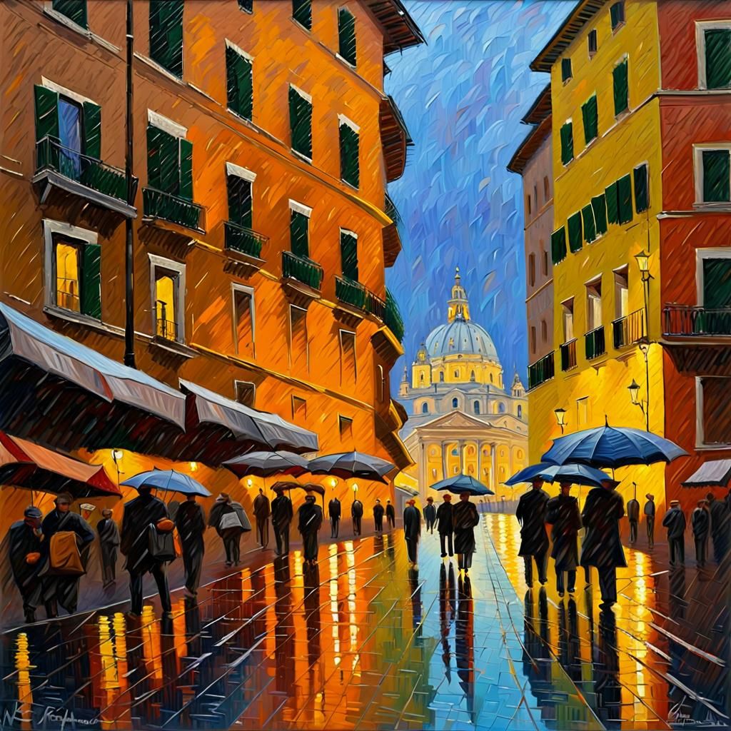 Rainy Spanish Steps, Rome: Neo-Impressionist Oil Painting
