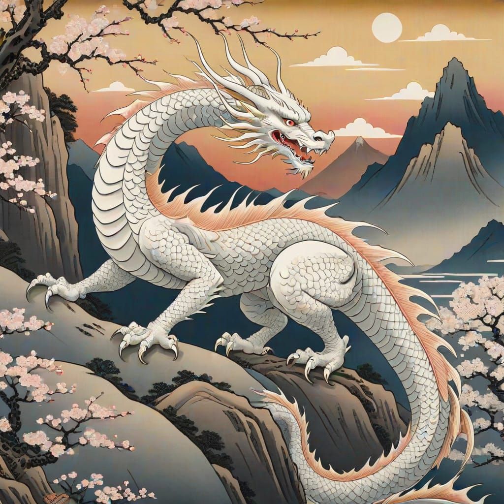 White Dragon in Misty Mountains: Ukiyo-e Woodblock