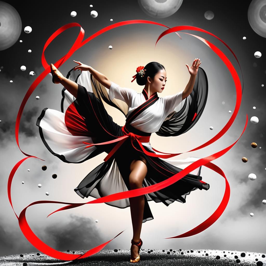 Ethereal Dance: Red Ribbon in Black and White Cosmos