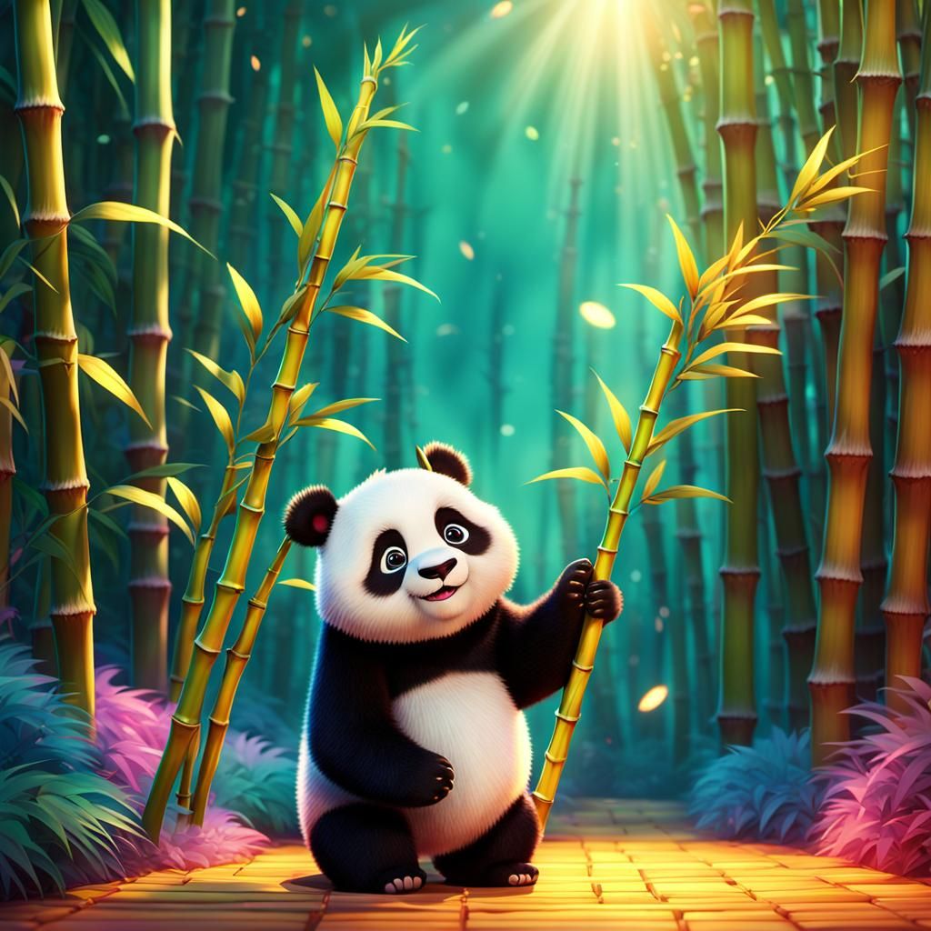 Panda Waving Goodbye with Golden Bamboo, Pixar-style