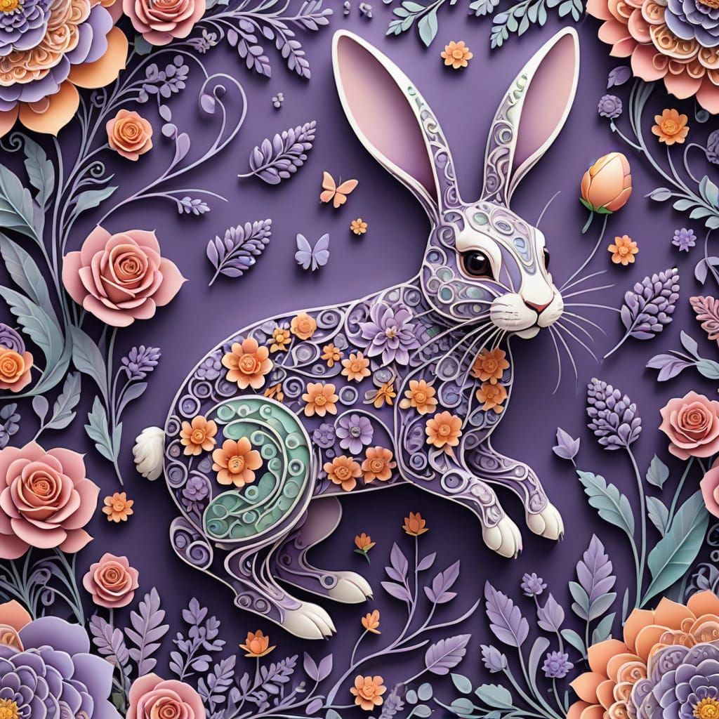 Vibrant Easter Bunny in Whimsical Floral Fractal Landscape