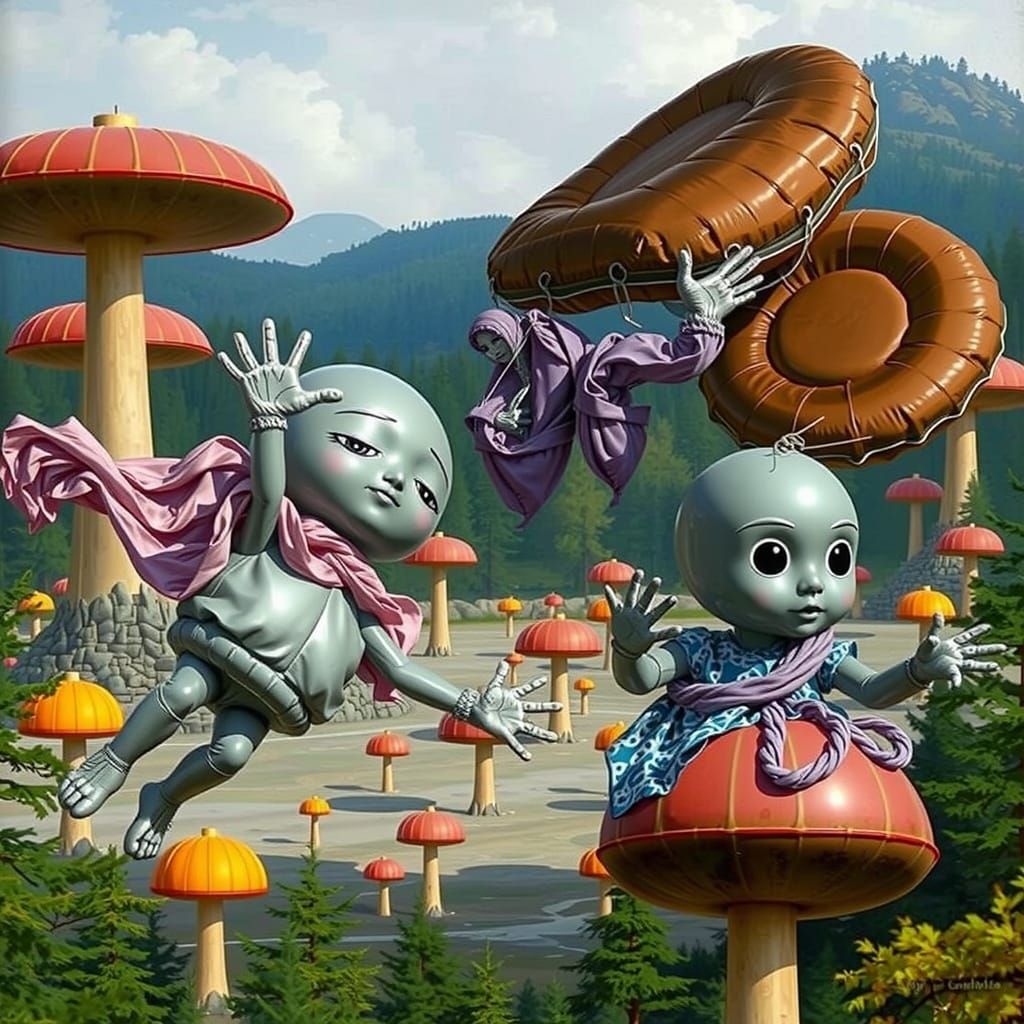 Vinyl Figures in a Forest: Linocut Style