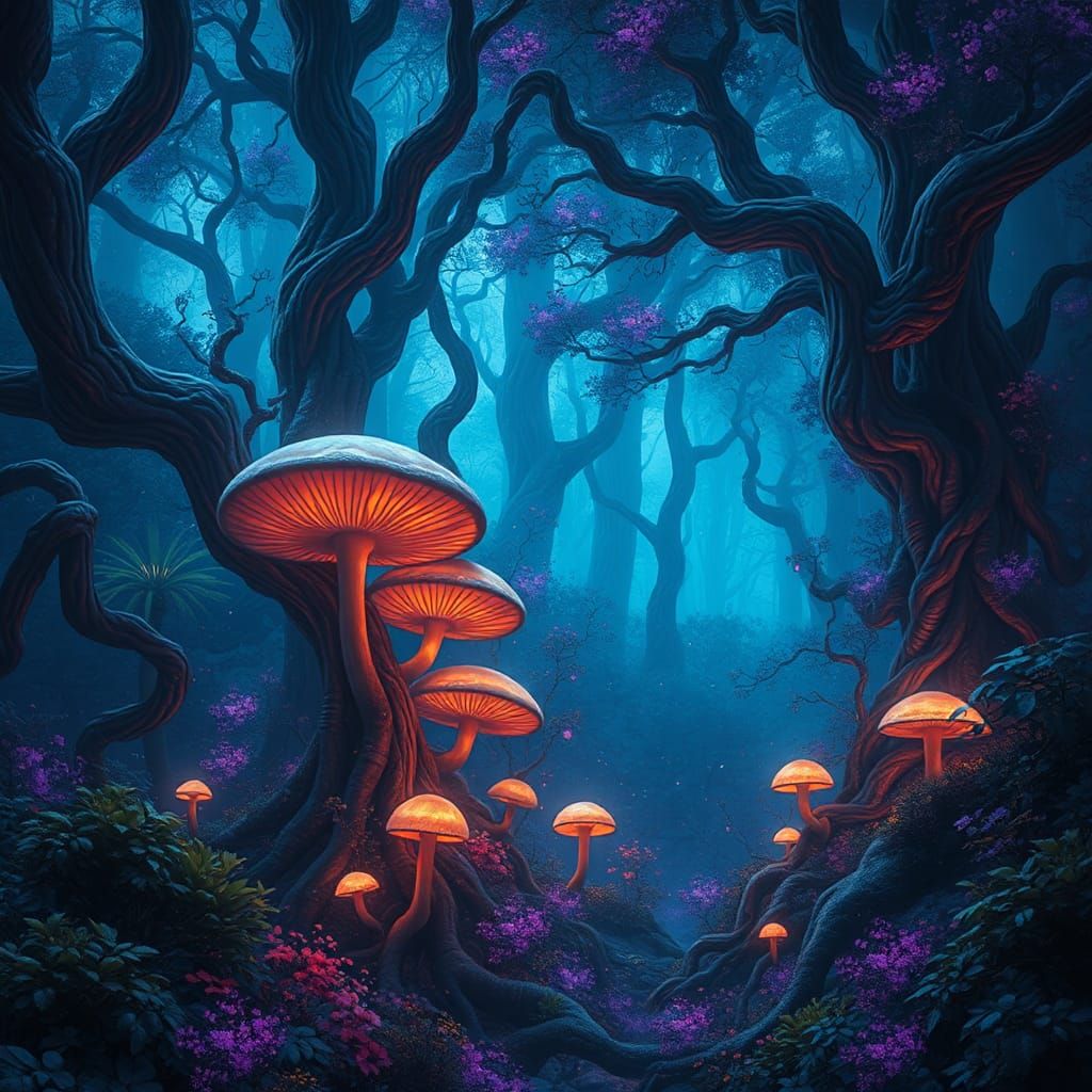 Mystical Forest with Glowing Mushrooms, Fantasy Concept Art