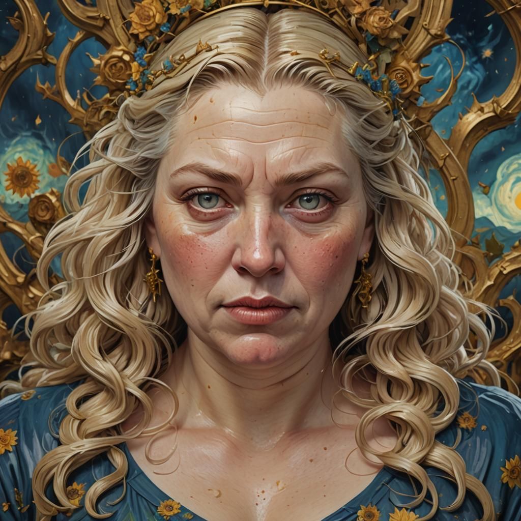 Van Gough, raw makeup-free middle aged chubby blonde woman