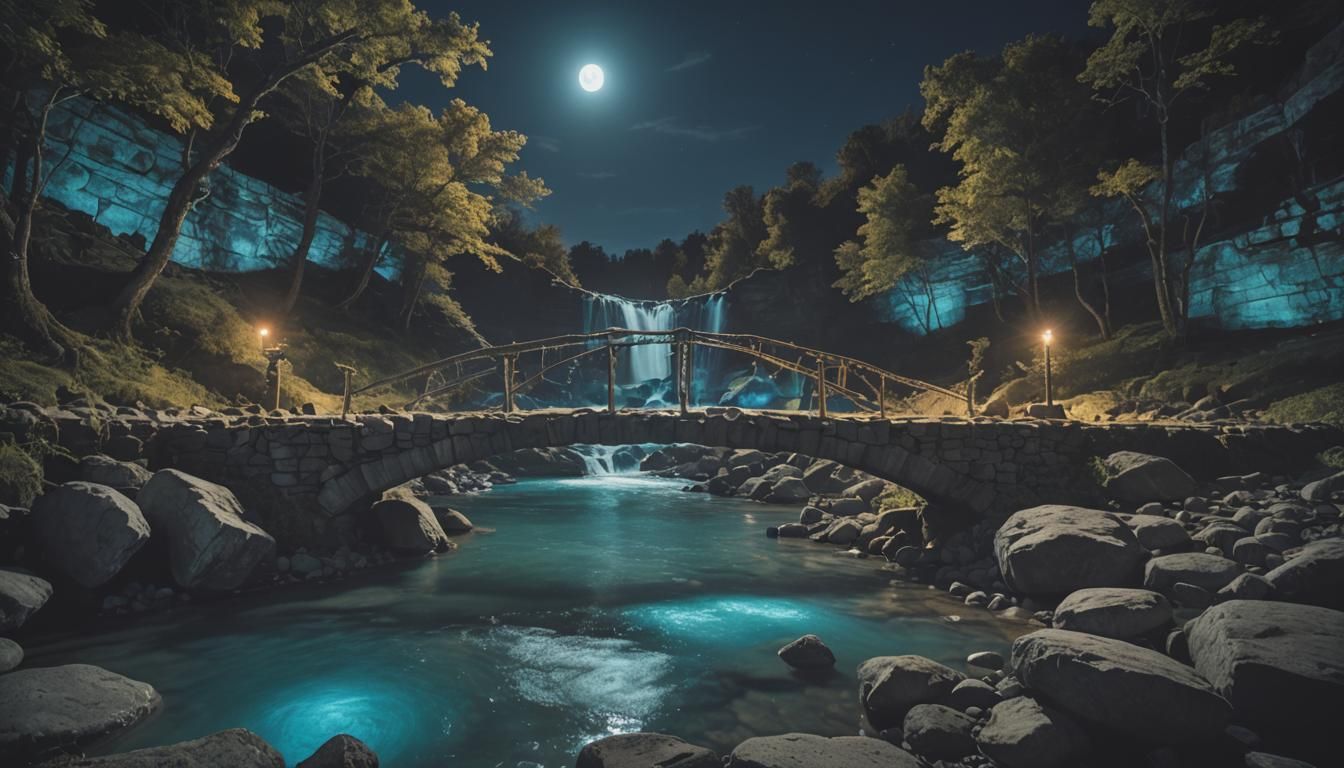 Rune-Etched Stone Bridge Over Glowing River at Night