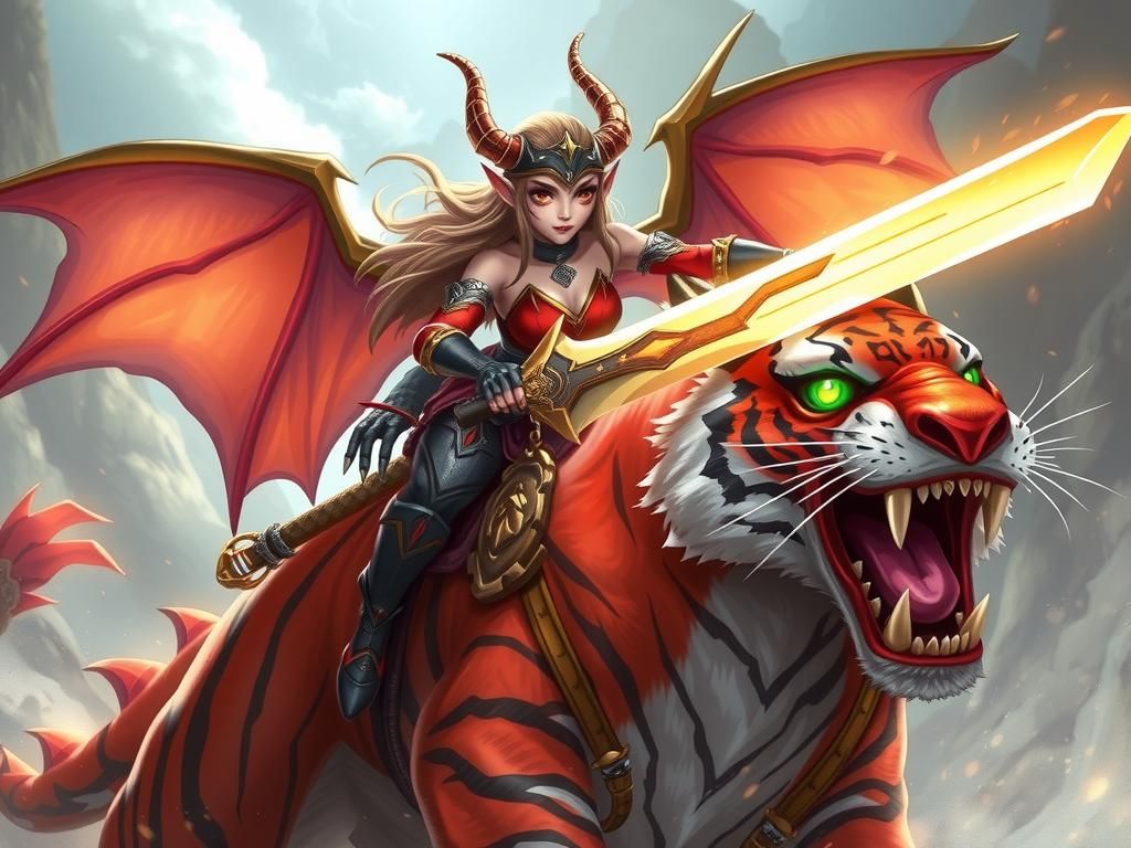 Dragon-Woman Warrior on Tiger in RPG Style