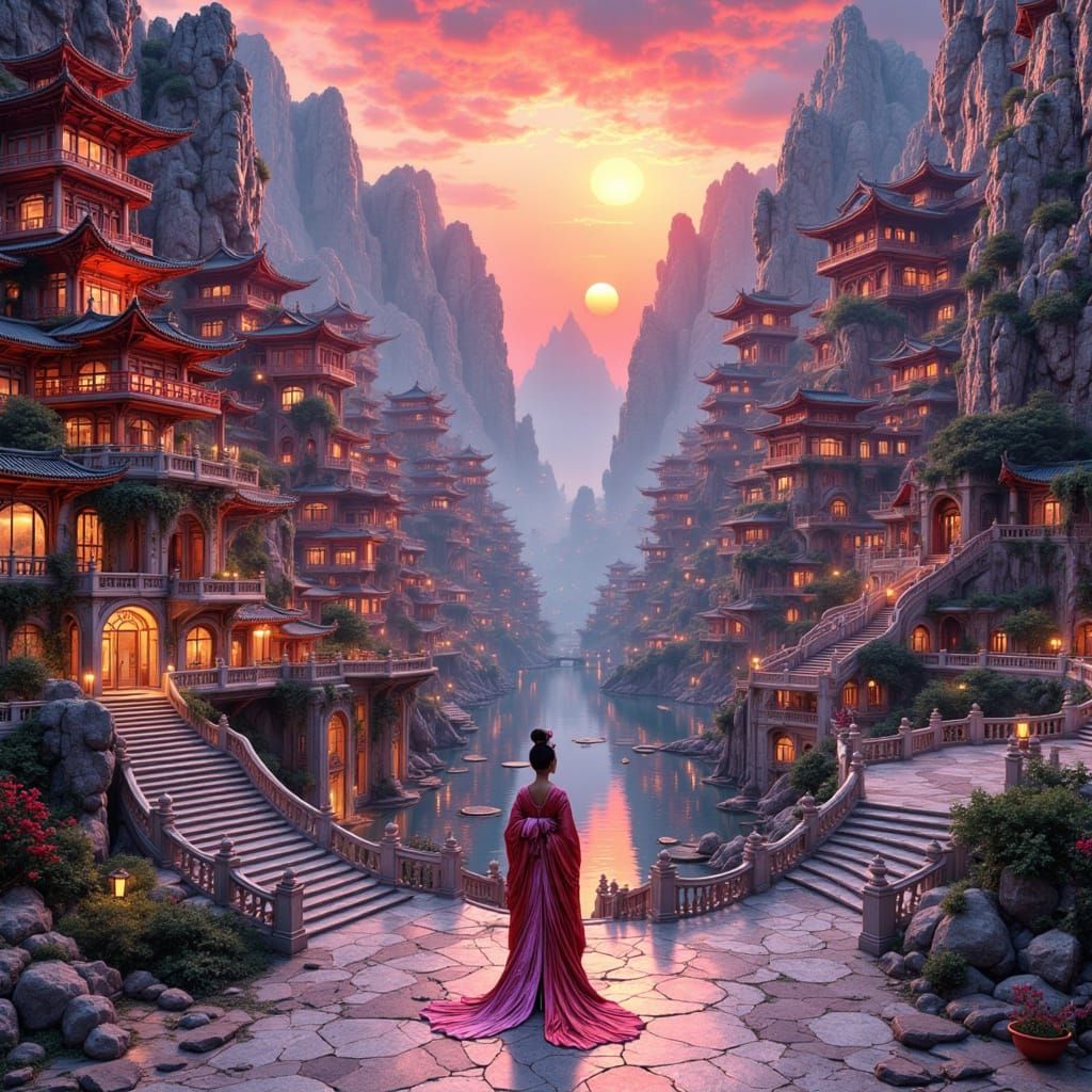 Geisha in Chinese Temple City at Sunset