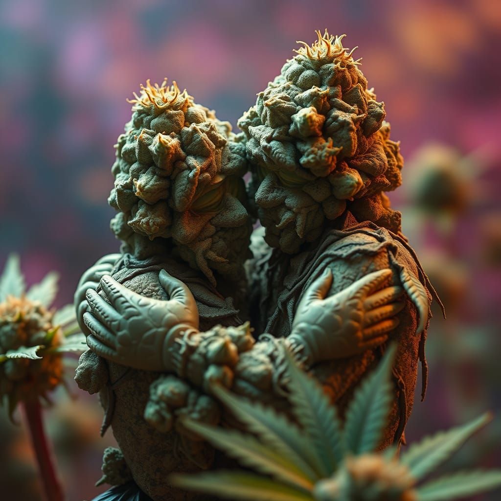Hyperrealistic Weed Buds Embrace in Digital Painting Style