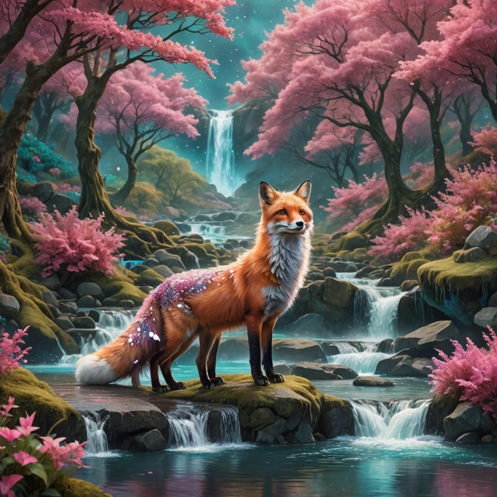 Glitter Fox by River in Dreamlike Art Nouveau Style