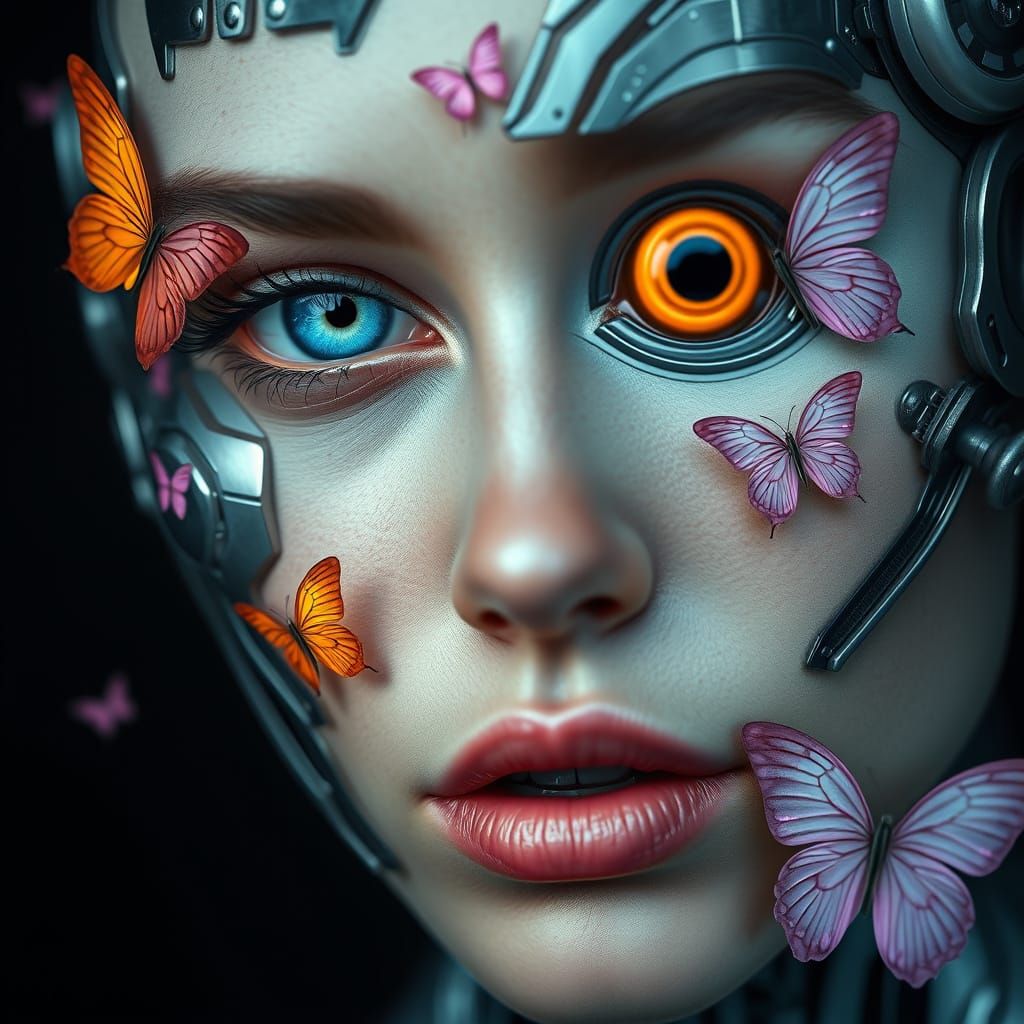 Cyberpunk Woman with Blue Eye and Orange Mechanical Eye