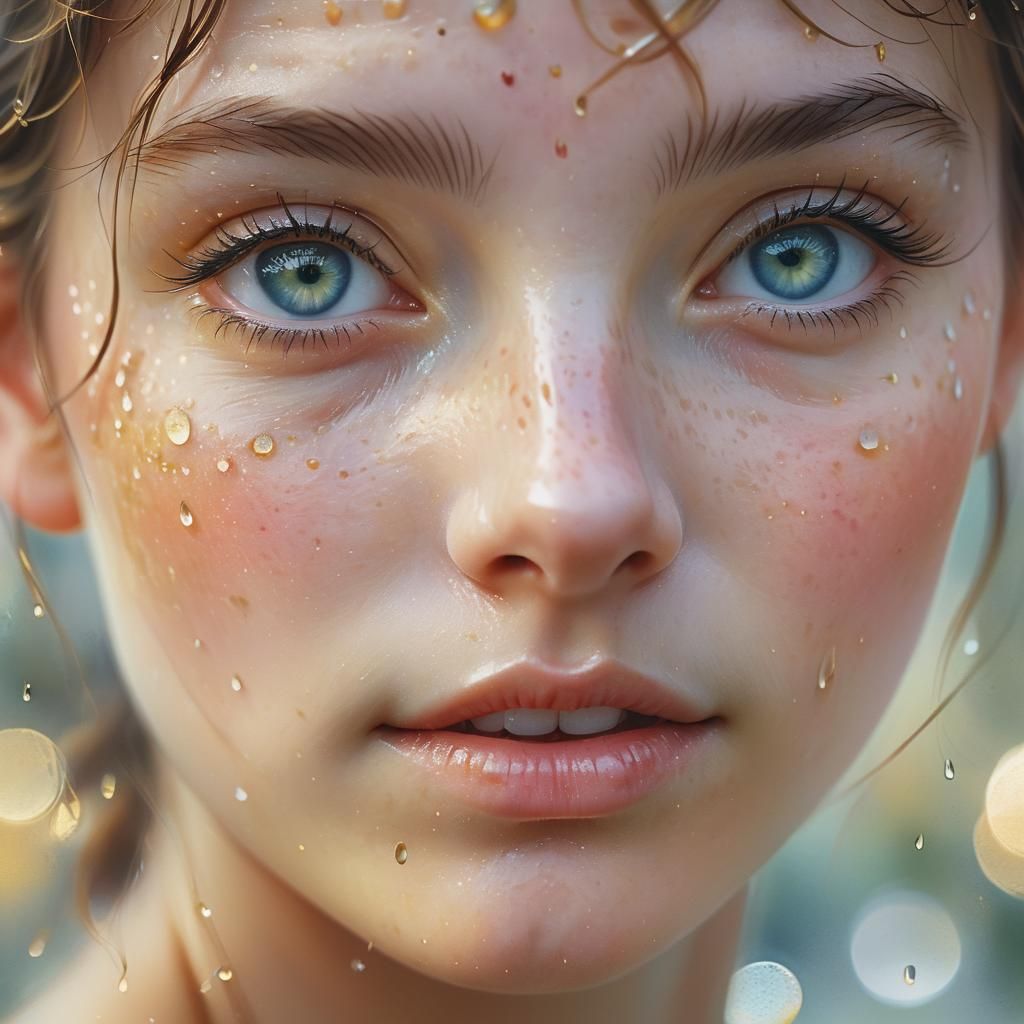 Glistening Droplets: A Watercolor Portrait in Soft Focus