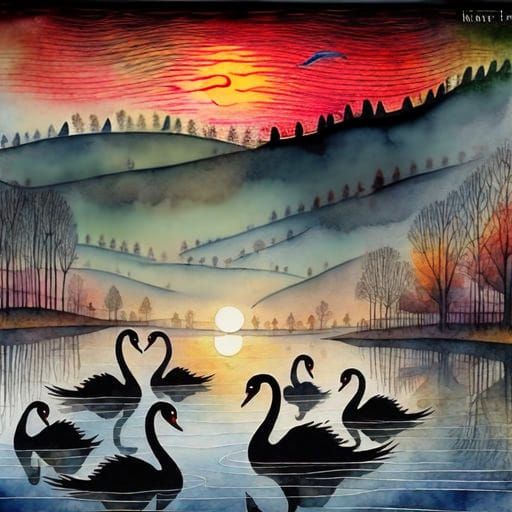 Autumn Lake with Swans in Watercolor Style
