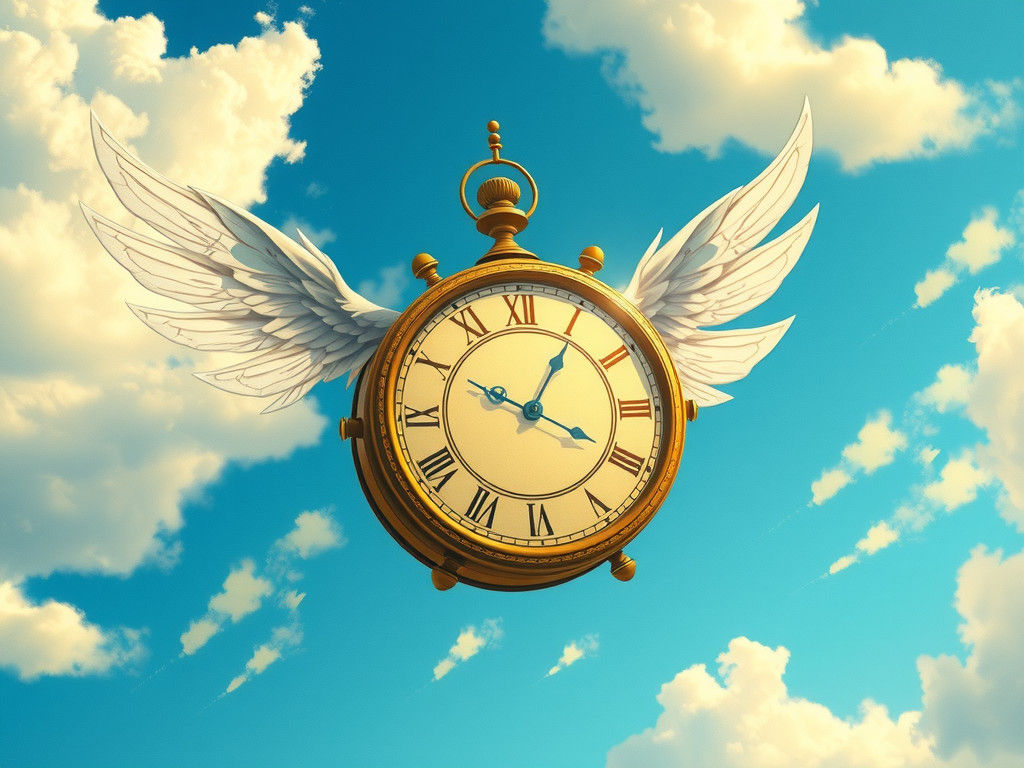 Clock with Wings Soaring in Blue Sky