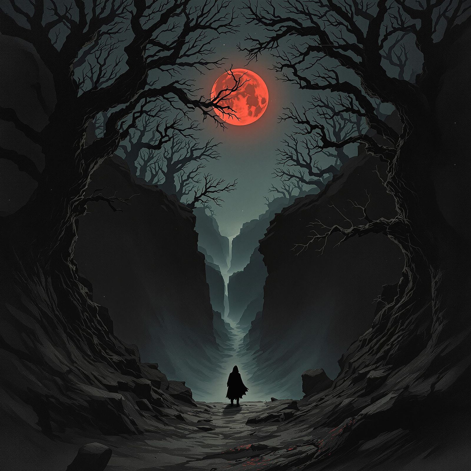 A dark fantasy depiction of a lone wanderer, cloaked and hoo...