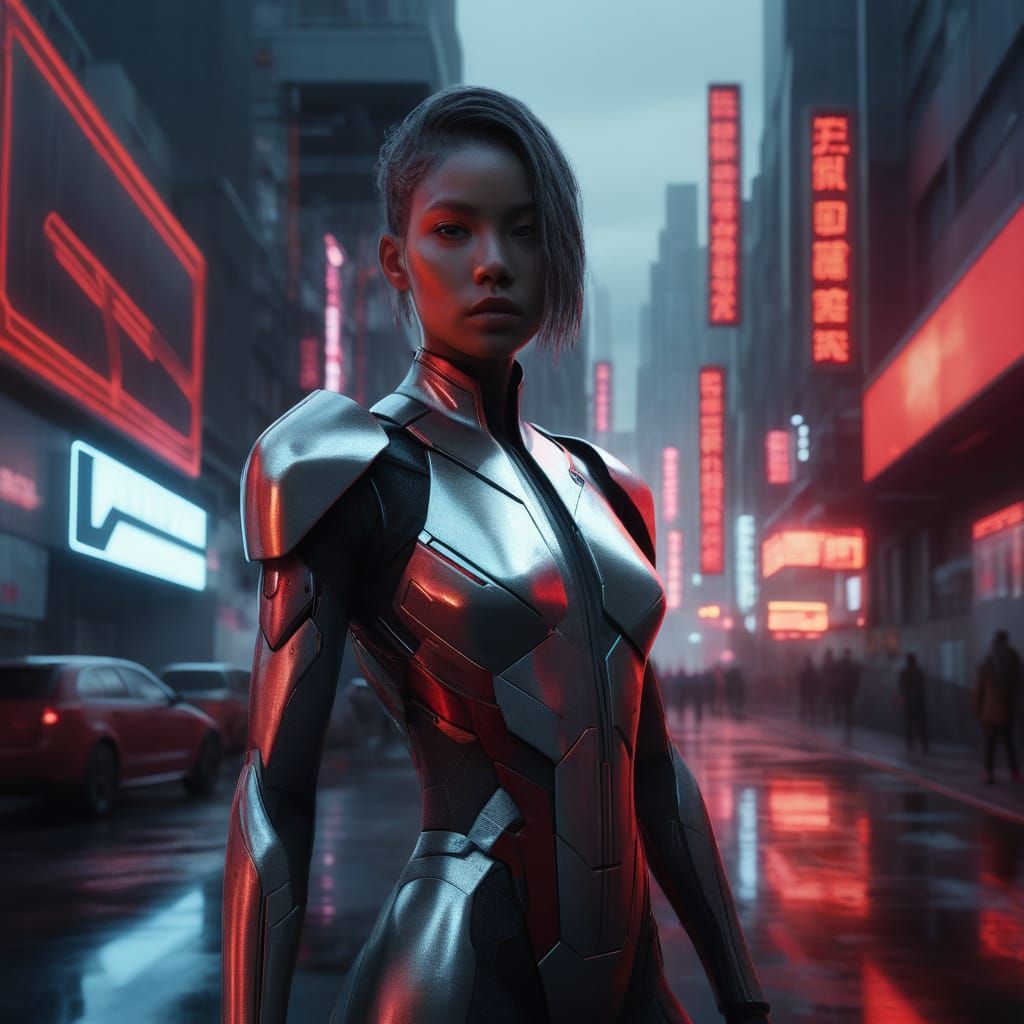 Futuristic Woman with Metallic Body in Neon City