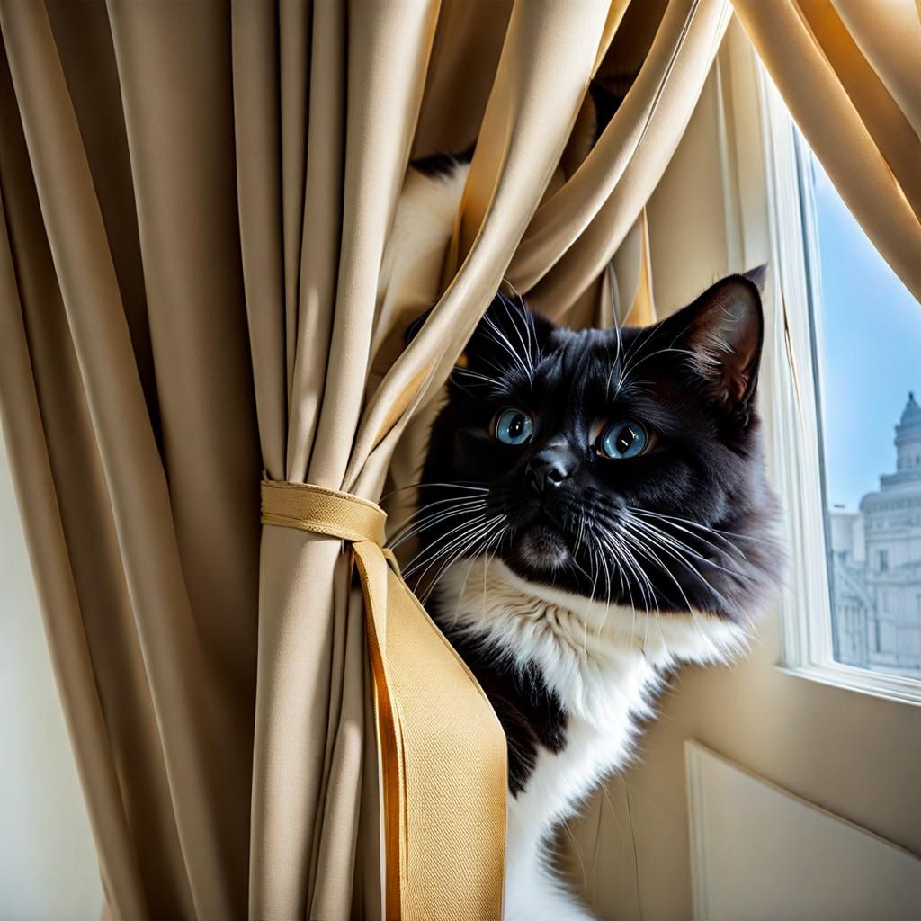 Cute Cats Climbing Curtains: AI Generated Image